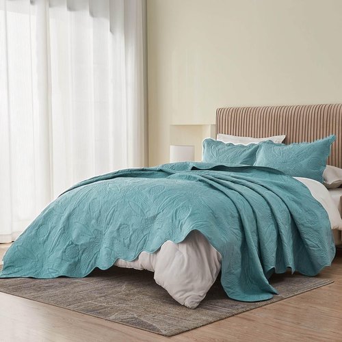 Kingnex Extra Wide Oversized King Bedspreads 128x120 for Tall King or Cal King Bed Ultrasonic Quilted Coverlet Set 3 Piece Include 1 Quilt 2 Pillowcases Blue