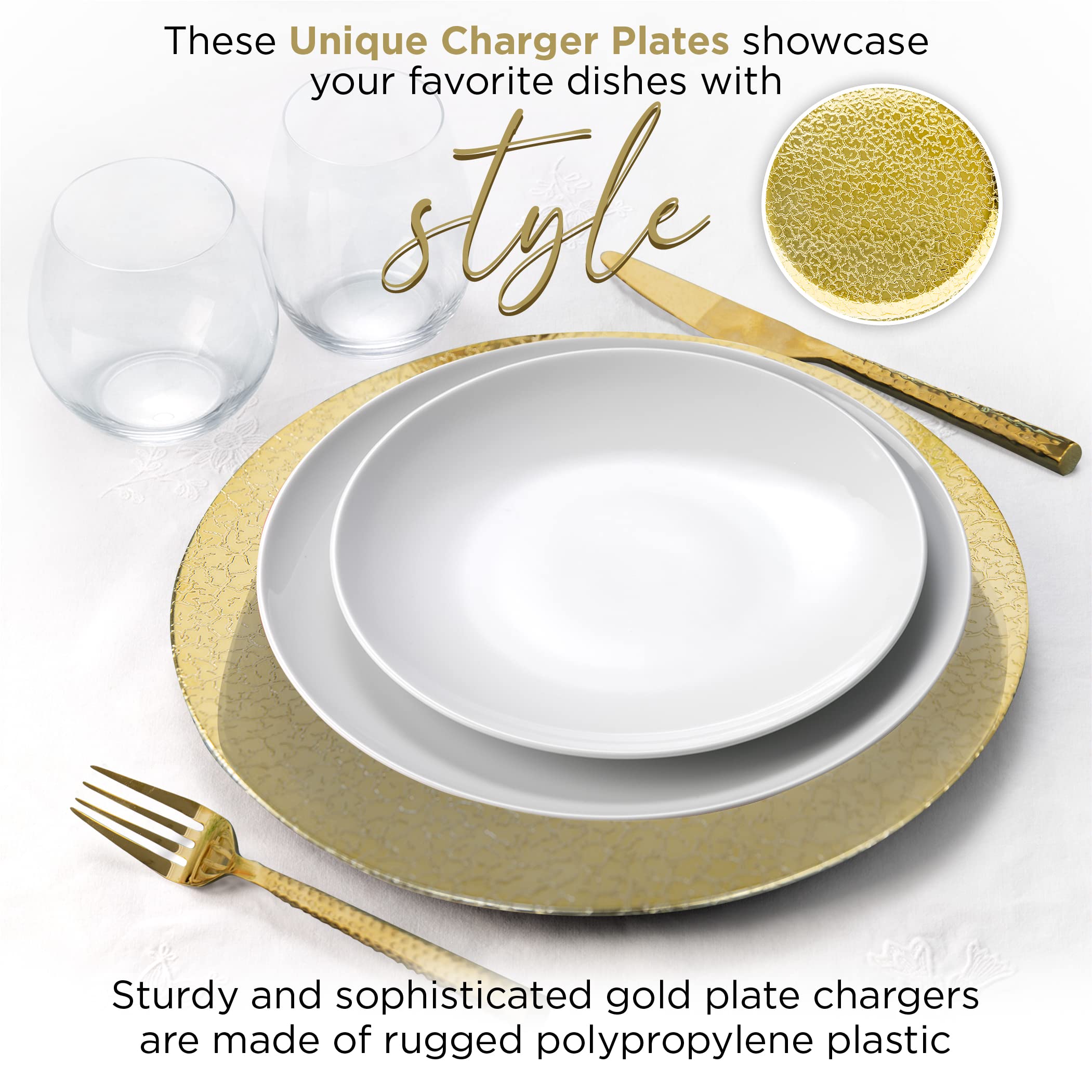HAIYUEDOREE Gold Charger Plates, Set of 24 Plate Chargers for Dinner Plates – Round Plastic Table Chargers with Electroplating for Table Decor, Wedding Decor and Cocktail Parties [Gravel]…
