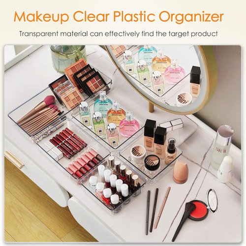 Criusia Drawer Organizer - 10 Pack Large Clear Plastic Storage Bins for Makeup & Kitchen Utensils | Versatile Trays