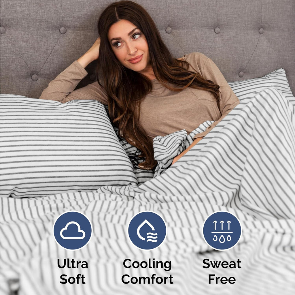 Skiennix Twin Size 3-Piece Sheet Set - Comfy Cooling Bed Sheets - Soft, Wrinkle-Free Grey Stripes