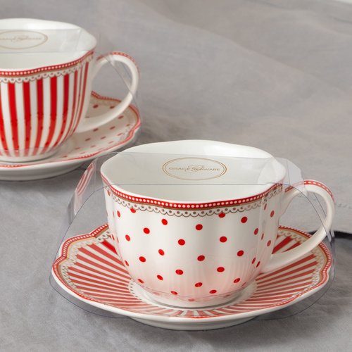 Grace Teaware Red Dot Stripes Scallop 9-Ounce Porcelain Tea/Coffee Cup and Saucer, Set of 2
