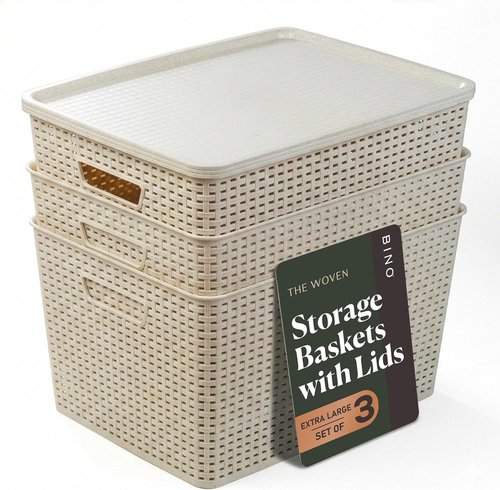 BINO Plastic Storage Baskets with Lids - 33 Liter | 3 Pack Natural | Ideal for Organizing Shelves