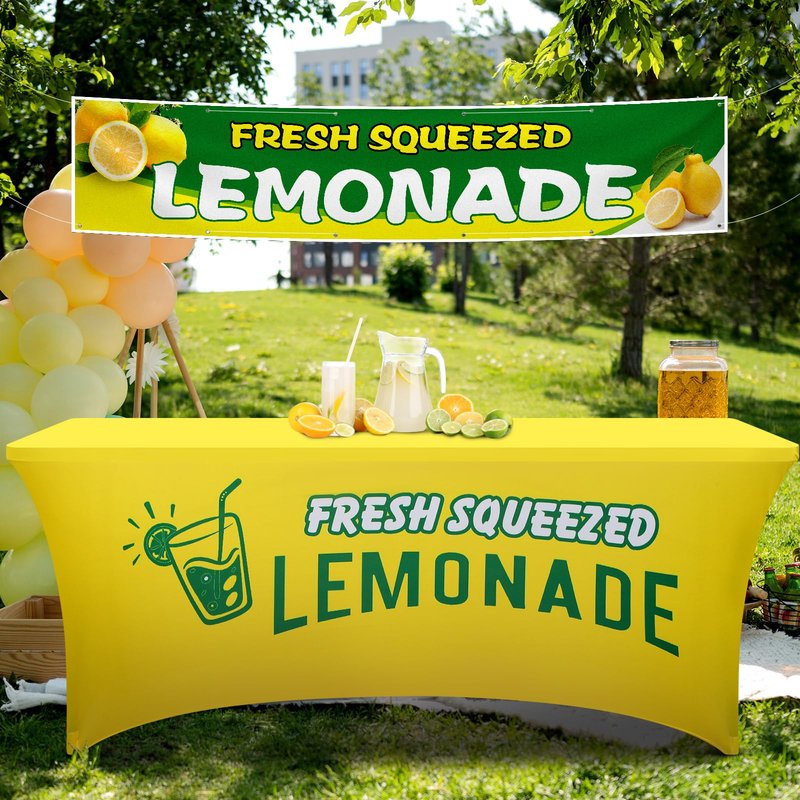 Oudain Lemonade Stand Supplies Tablecloth Stretch Spandex Table Cover Lemonade Vendor Tablecloth for Standard Folding Tables Summer Gathering Beach Picnic Lemon Birthday Party Decor (Yellow,6ft)