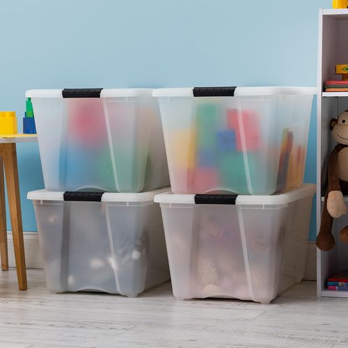 IRIS USA 54 QT Plastic Storage Box - BPA-Free, Durable Nestable Containers with Lid & Latches - Pearl | 4 Pack