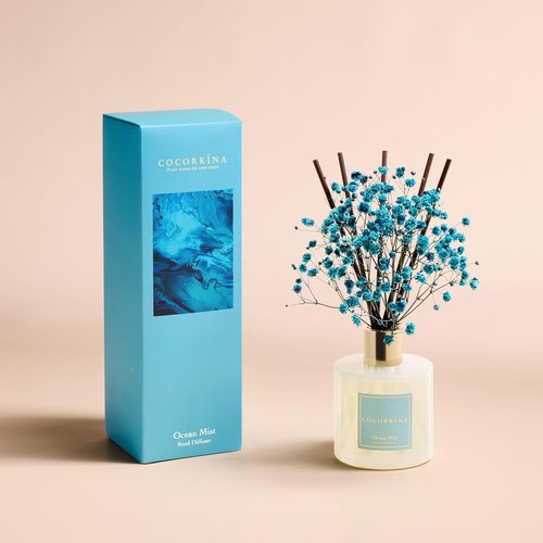 COCORRÍNA Reed Diffuser - Ocean Mist 6.7 Fl. Oz Set with Sticks & Preserved Baby's Breath | Home Decor