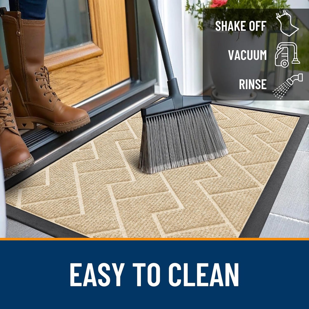 OLANLY Waterproof Front Door Mat - All-Season Natural Rubber Doormat | Easy Clean Herringbone Design (Beige, 71x23)