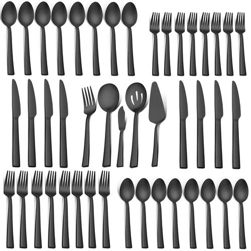 LIANYU 45-Piece Matte Black Silverware Set with Serving Utensils, Stainless Steel Flatware Cutlery Set for 8, Square Tableware Eating Utensils for Wedding Home, Satin Finish, Dishwasher Safe
