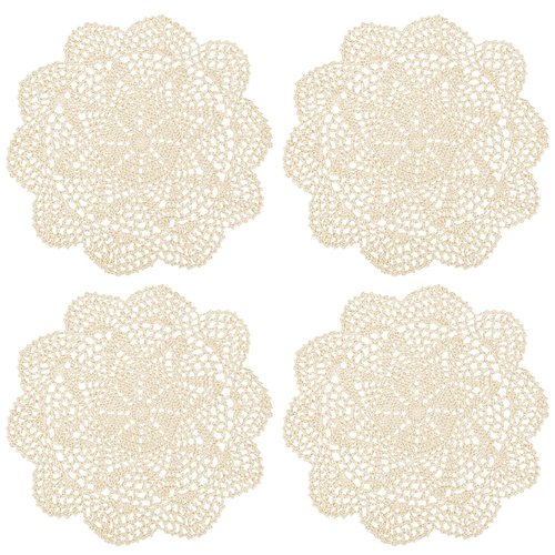 kilofly Crochet Cotton Lace Table Placemats Doilies Value Pack, 4pc, Roma, Beige, 10 inch