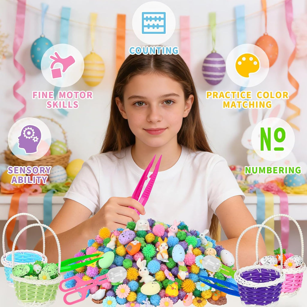 Spring Sensory Bin Filler by Easter - 287 Pcs with Eggs, Bunnies, Felt Flowers & Pom Poms for Counting & Sorting