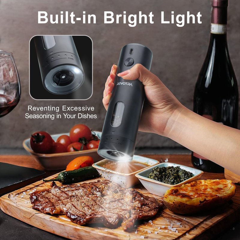 Electric Salt and Pepper Grinder Set, Rechargeable Automatic Salt and Pepper Shakers with 6 Adjustable Coarseness, Christmas Gift, Larger Capacity, LED Light, One-Handed Operation, 2 Packs