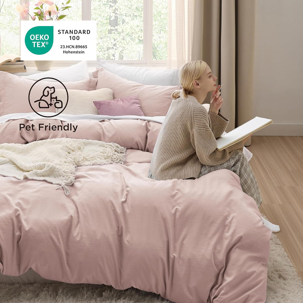 Bedsure King Size Duvet Cover Set - Soft Rose Pink Prewashed Cotton-Like Polyester, 3 Pieces with Zipper Closure