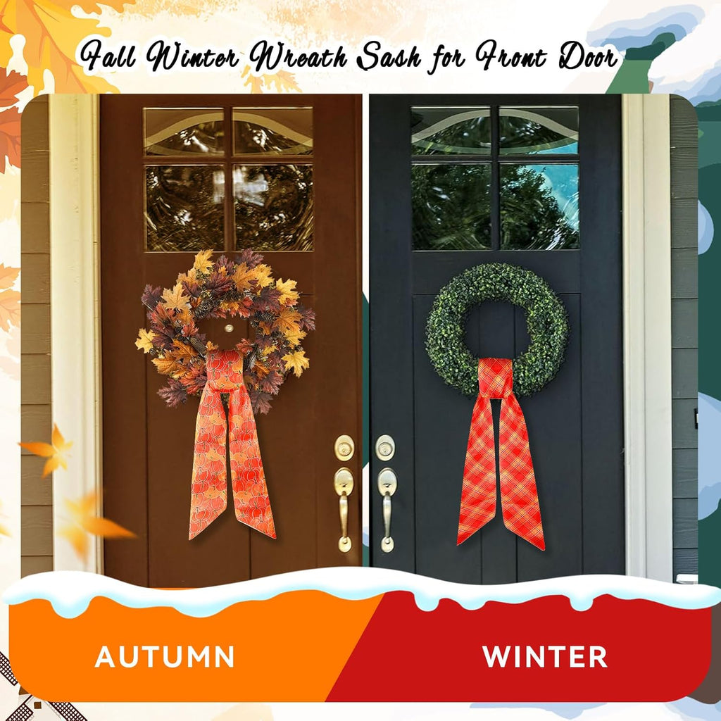 Regine Switzerland Wreath Sash - 2-Piece Fall & Winter Design for Front Door | 4.5 x 56 in, Sun-Proof & Water-Proof