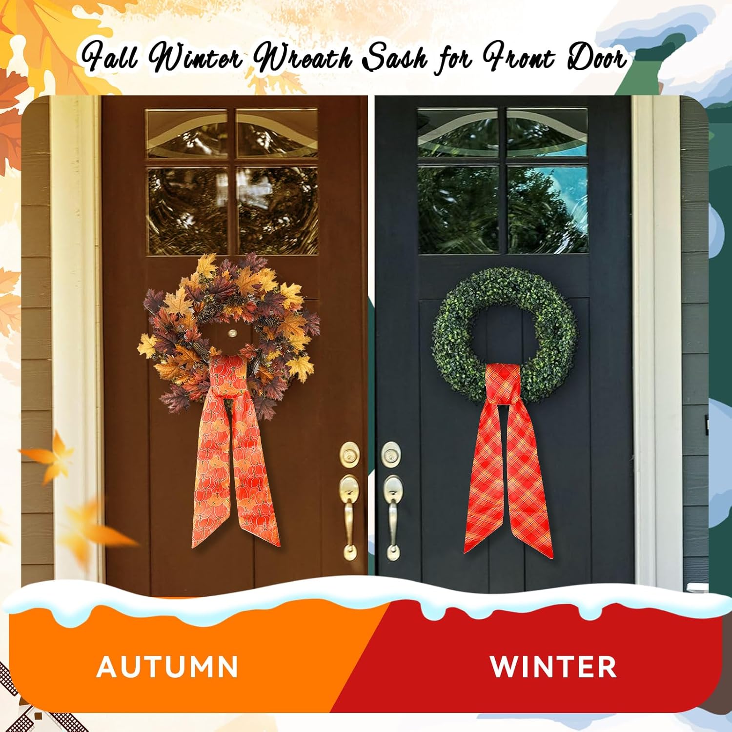 Regine Switzerland Wreath Sash - 2-Piece Fall & Winter Design for Front Door | 4.5 x 56 in, Sun-Proof & Water-Proof