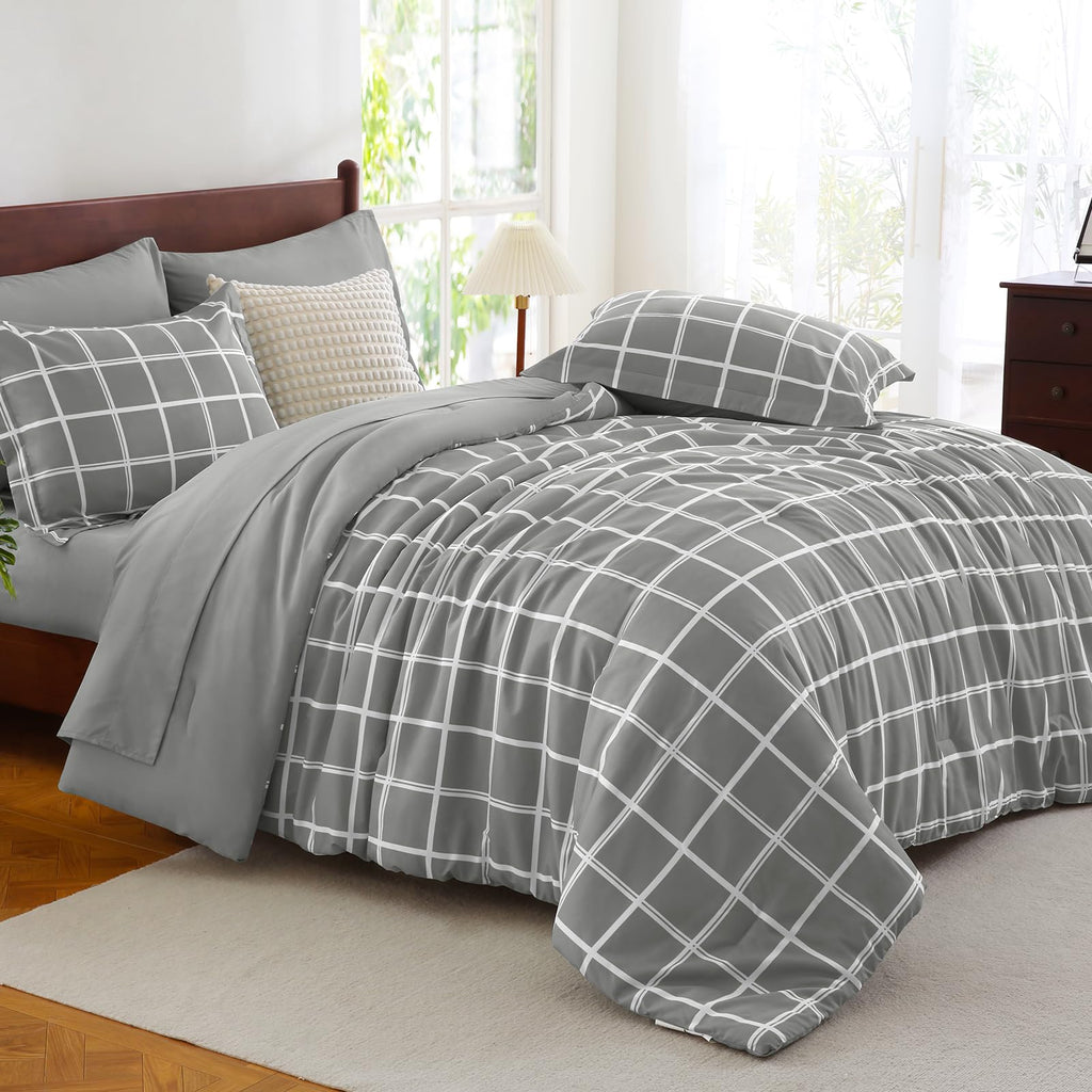 CozyLux Queen Comforter Set with Sheets - 7 Pieces Plaid Bed in a Bag Set Grey, Soft Queen Bedding Sets Bed Set with All Season Quilted Comforter, Flat Sheet, Fitted Sheet, Pillowcases & Pillow Shams