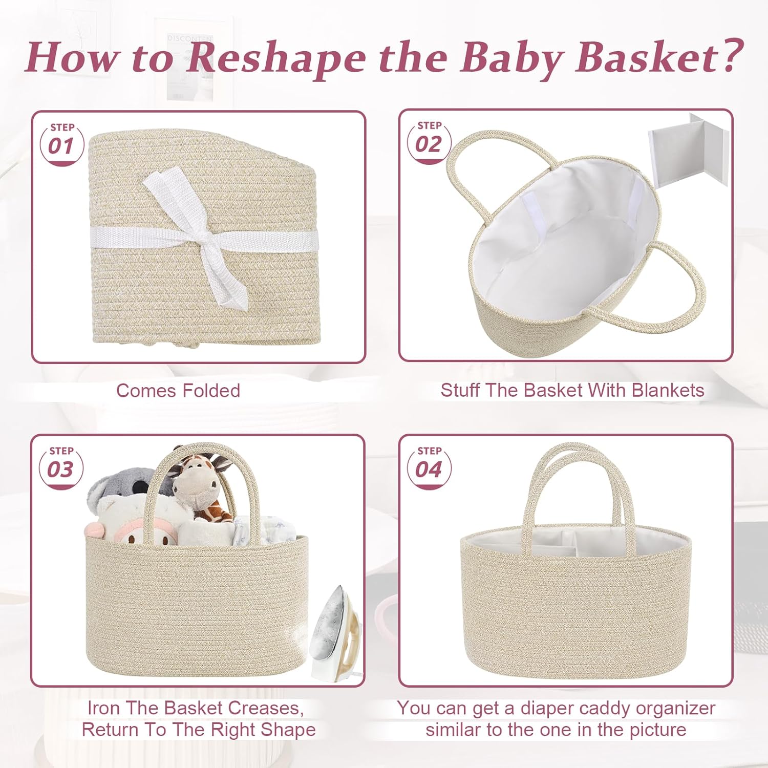 Skiennix Baby Diaper Caddy Organizer - 19L Cotton Rope Storage Basket with Removable Divider | Perfect for Nursery & Baby Showers