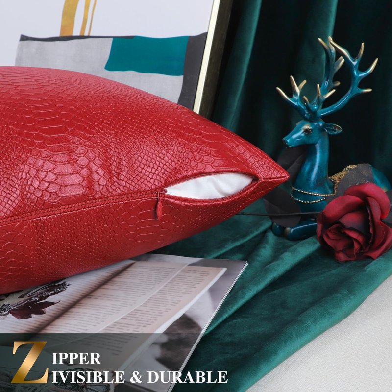 BRAWARM Christmas Red Leather Throw Pillows 22 X 22 Inches, Snake Leather Pillow Covers Pack of 2, Faux Leather Decorative Pillow Covers for Couch Living Room Garden Bed Sofa Home