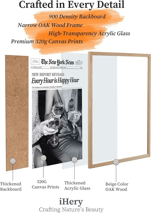 iHery Framed Newspaper Wall Art - Trendy Retro New York Prints | Natural Oak Wood, 16x20in for Bedroom & Dorm