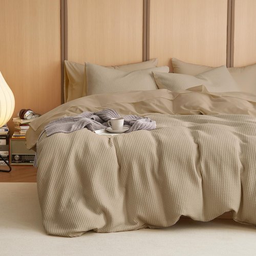 Wake In Cloud - Waffle Cotton Comforter Set, 100% Cotton Fabric Bedding, Waffle Weave Knit Textured Neutral Farmhouse Soft Lightweight, 3 Pieces, Tan, Queen Size