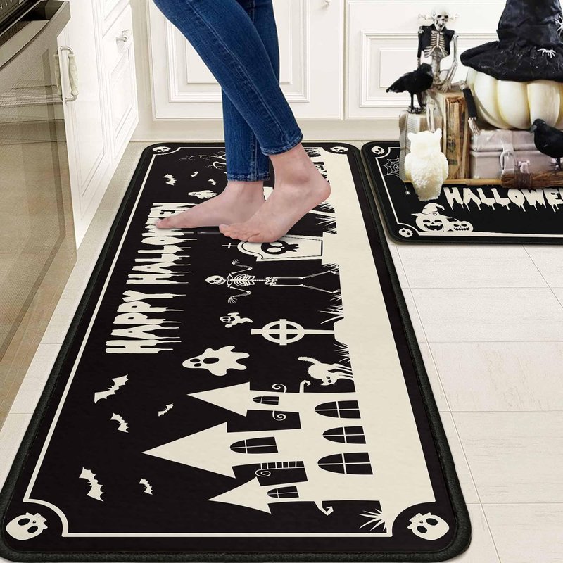 OUXIOAZ Happy Halloweeen Skull Black Kitchen Rugs and Mats Set of 2, Bat Boo Pumpkin Halloween Farmhouse Party Floor Mat for Home Kitchen Decorations 17"x47"+17"x30"
