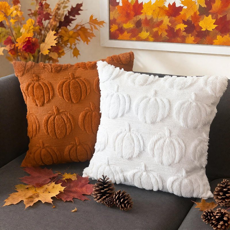 DUZXLCQ Fall Pillow Covers 18x18 inch Set of 2 Fall Decorations Pumpkin Plush Faux Fur Throw Pillow Covers Cushion Case for Autumn Harvest Farmhouse Home Decor for Couch Sofa Home Outdoor White