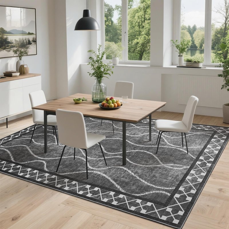 DweIke 5x7 Area Rugs for Living Room, Machine Washable Bordered Rug for Bedroom, Luxury Rubber Backing (Non-Slip) Low Pile Throw Carpet for Dining Room Kitchen Home Decor, Black Grey