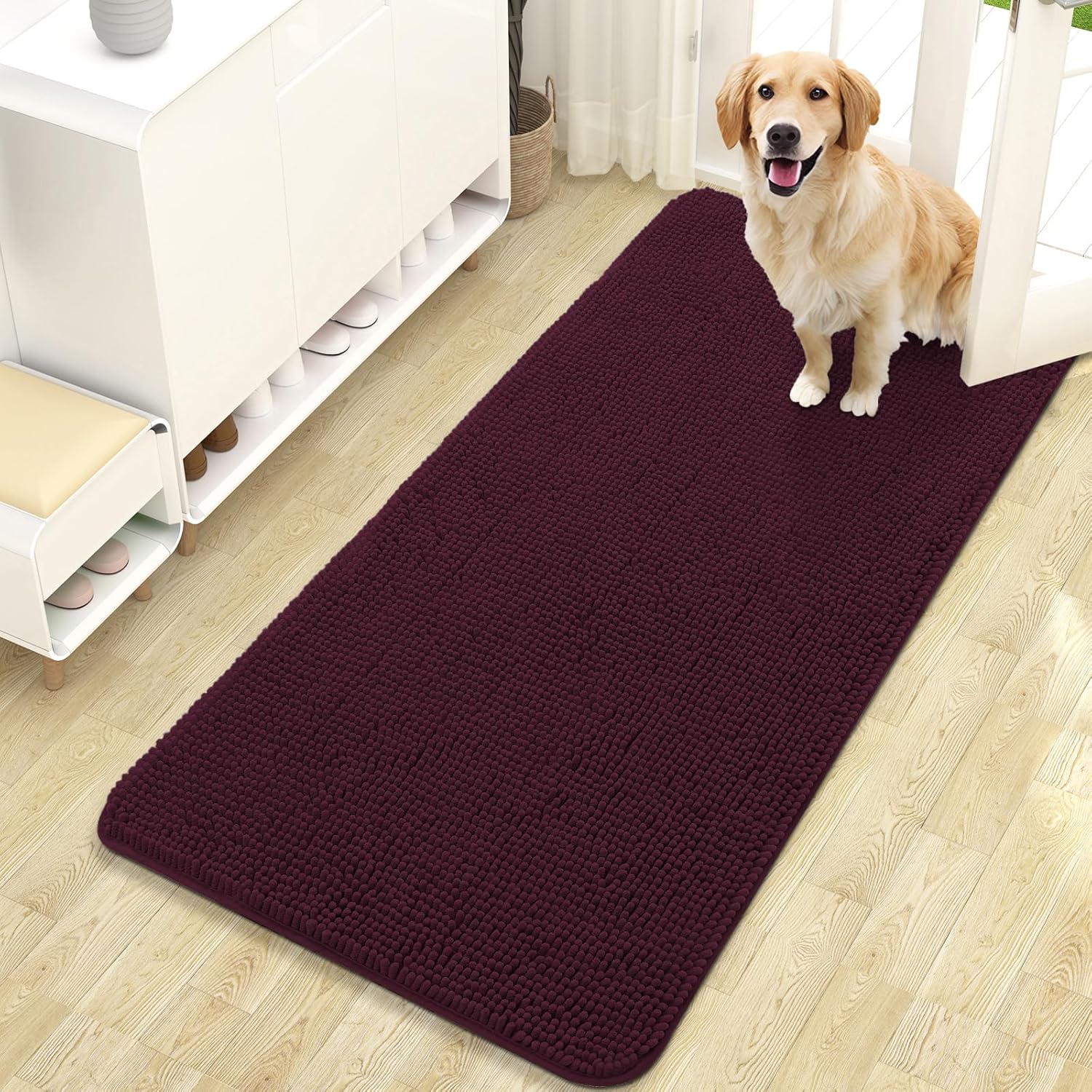 OLANLY Dog Door Mat - Absorbent Non-Slip Washable Doormat for Muddy Paws | 47x24 Inches, Quick Dry Chenille, Russet
