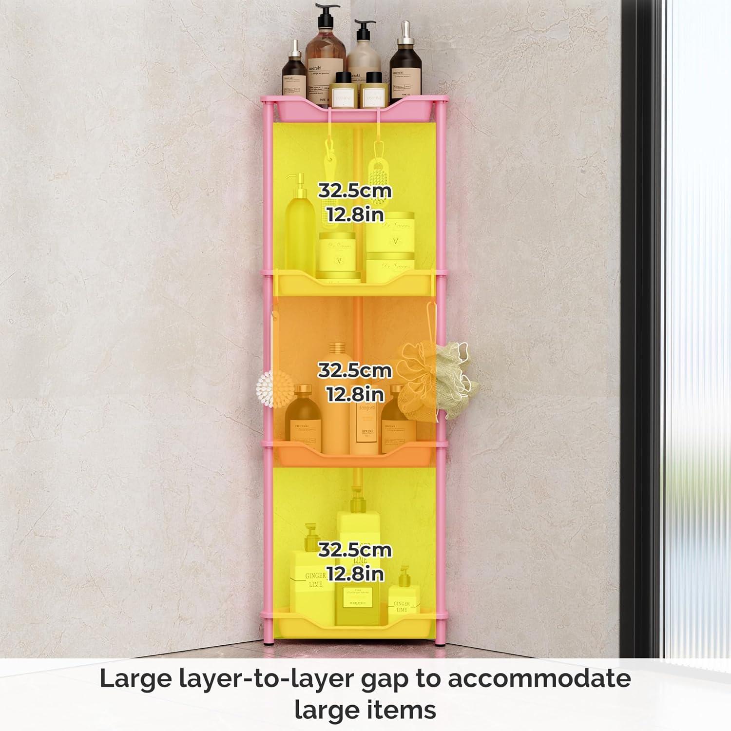 Orimade Rustproof 4-Tier Corner Shower Caddy Organizer - Durable Plastic & Metal, Pink | 10.8 x 10.8 x 44.6 Inches