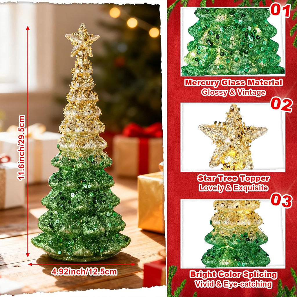 Regine Switzerland Mercury Glass Christmas Tree - Illuminated 11.6” Tabletop Decor | Battery Operated Festive Centerpiece (Gold)