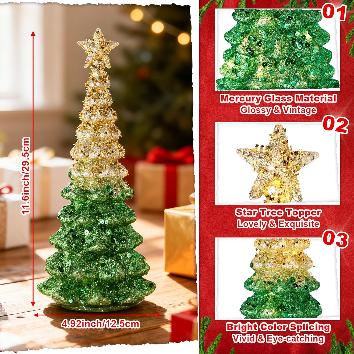 Regine Switzerland Mercury Glass Christmas Tree - Illuminated 11.6” Tabletop Decor | Battery Operated Festive Centerpiece (Gold)