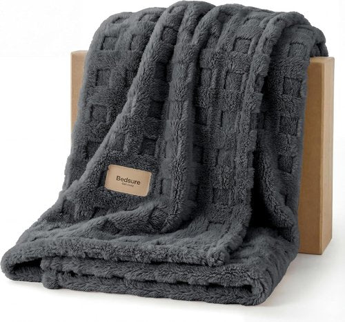 Bedsure Waffle Throw Blanket - Dark Grey Cozy Fluffy Fleece for Couch & Sofa Decor | 50x60 Inches