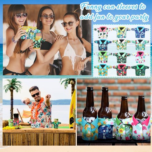 Funtery 12 Pack Can Shirt Cooler Sleeves 12 oz Summer Hawaiian Tropical Funny Can Cooler Bulk for Beer Beverage Soda Birthday Beach Themed Party Favor (Vivid Style)
