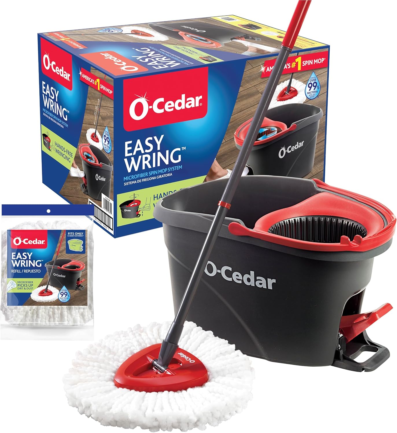 O-Cedar EasyWring Microfiber Spin Mop & Bucket System - Includes 1 Extra Refill, Red/Gray