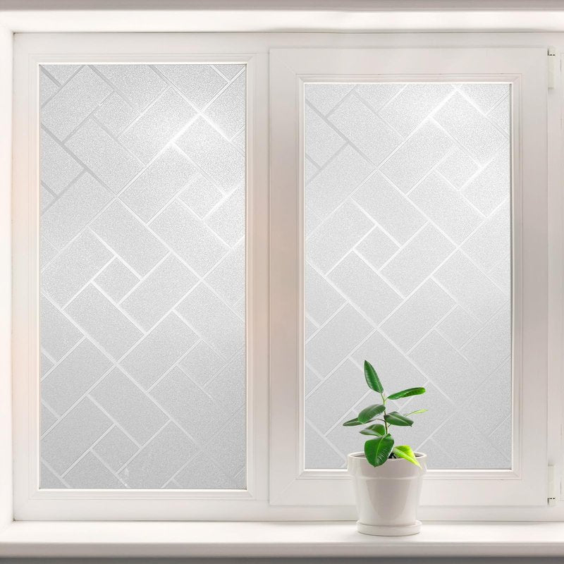 Frosted Glass Window Film Sun Blocking Window Tinting Film for Home, Static Clings Removable Frosting Bathroom Door Window Covering, 45.2 inch x 78.74 inch, White-Grid