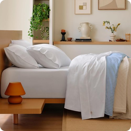 Bedsure 100% Washed Cotton Percale Sheets - Soft & Breathable 6-Piece Queen Set with 18" Deep Pockets (White)