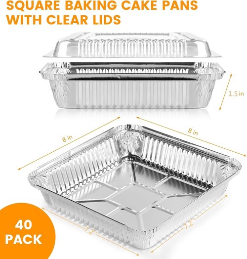 Aluminum Pans 40 Pack | 8x8 Inch Square Baking Pans with Clear Plastic Lids - Perfect for Cooking and Storing