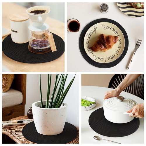 MEGASKET Placemats Set of 6, 13" Round Woven Table Mats, Cotton Rope Placemats for Kitchen and Dining Table, Farmhouse Wicker Rattan Place Mats for Decor, Non Slip, Heat Resistant Hot Pods, Black