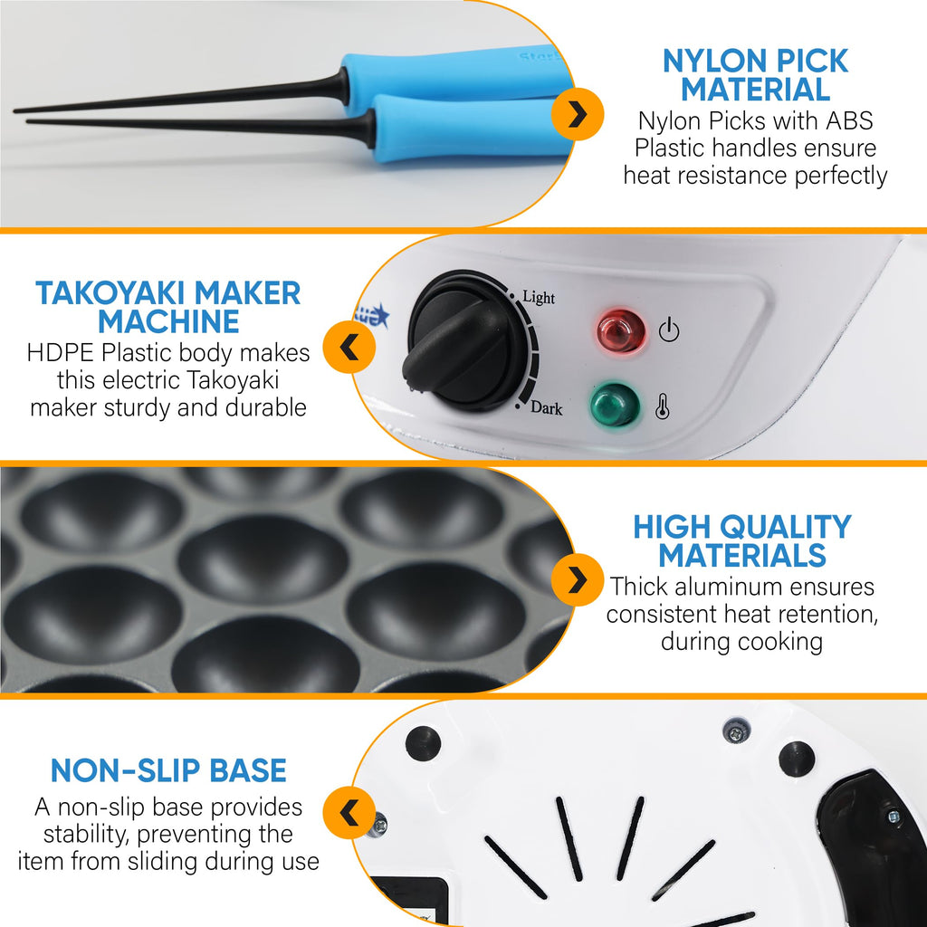 Takoyaki Maker Machine by StarBlue with FREE Takoyaki Picks - Temperature Control 18 Holes Electric Japanese Octopus Balls Pan with Nonstick Surface 120V 60Hz 700W