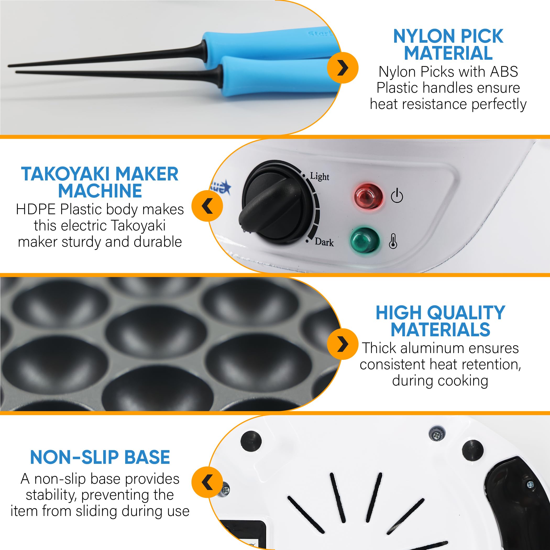 Takoyaki Maker Machine by StarBlue with FREE Takoyaki Picks - Temperature Control 18 Holes Electric Japanese Octopus Balls Pan with Nonstick Surface 120V 60Hz 700W