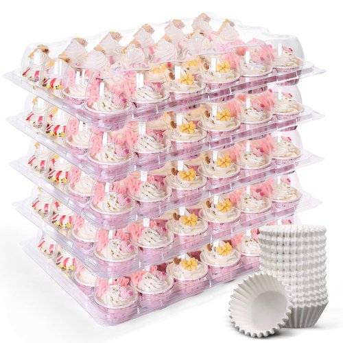 LotFancy (24 Count x 12 Sets) Mini Cupcake Containers with 288 Liners, Plastic Cupcake Boxes Holder, BPA Free, Clear Disposable Cupcake Carriers with Detachable Dome Lid