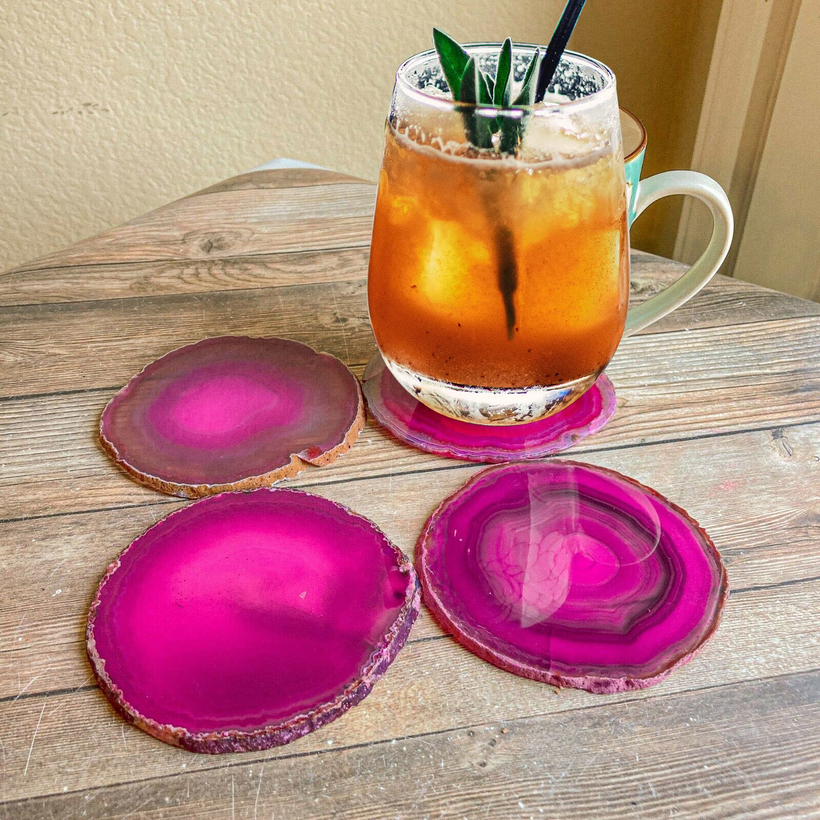 AMOYSTONE Pink Agate Slice Coasters Large 4-5 INCH, Set of 4 Natural Stone Cup Mat with Rubber Bumpers, Home Decor