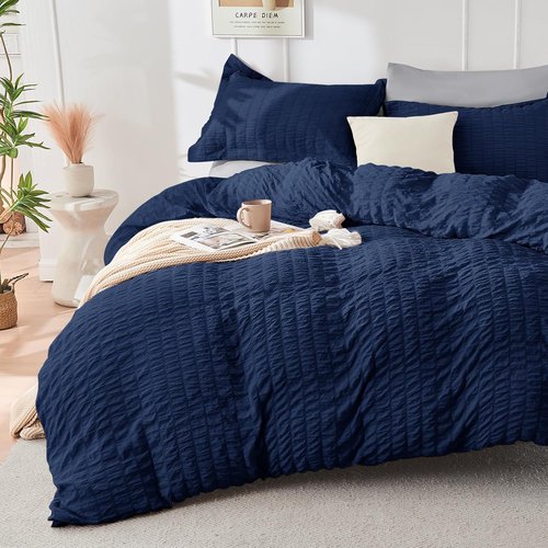 HYMOKEGE Comforter Set - Navy Blue & Light Grey Seersucker | 7-Piece All-Season Luxury Bedding Set