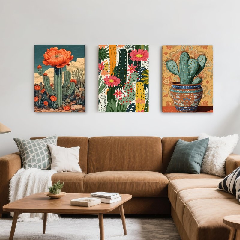 Ovczax Bohemian Style Decorative Paintings, Mexican Cactus Flowers Wall Paintings, Desert Plants Prints 3 - Piece Art Set For Home Office, Bedroom And Living Room 24" x 16"