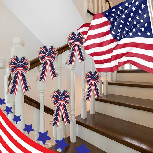 Jutom Patriotic Bow Wreath - Red, White & Blue Star Burlap Design for 4th of July & Veterans Day Decor