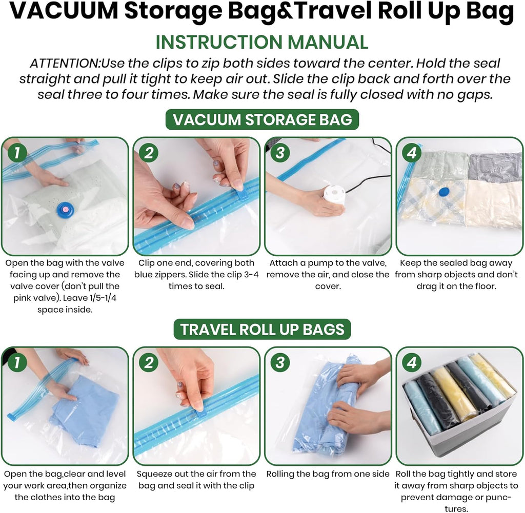 Skiennix Vacuum Storage Bags - 20-Pack with Electric Air Pump | Space-Saving for Clothes, Comforters & More - 4 Jumbo, 4 Large, 4 Medium, 4 Small, 4 Roll-Up