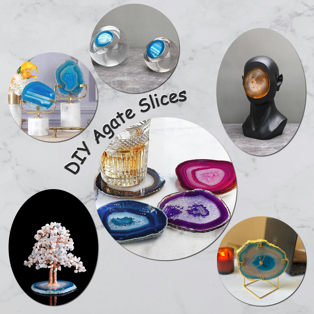 AMOYSTONE Pink Agate Slice Coasters Large 4-5 INCH, Set of 4 Natural Stone Cup Mat with Rubber Bumpers, Home Decor