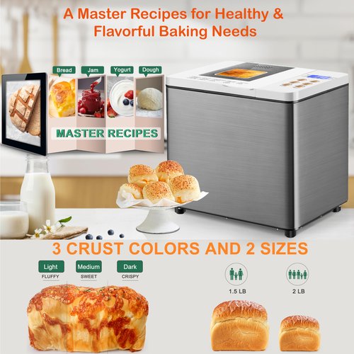 19-in-1 Stainless Steel Bread Maker With Smart Dual Heaters, Quiet Bread Machine with 15H Timer & 1H Keep Warm, Auto BreadMaker with Food-Grade Heat-Conductive Non-Stick Pan, Recipes for Gluten-Free