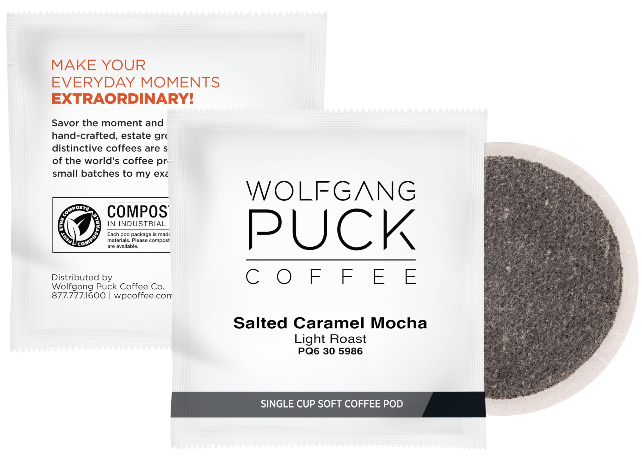Wolfgang Puck Coffee, Salted Caramel Mocha, 9.5 Gram Soft Pods, 18 Count (Pack of 1)