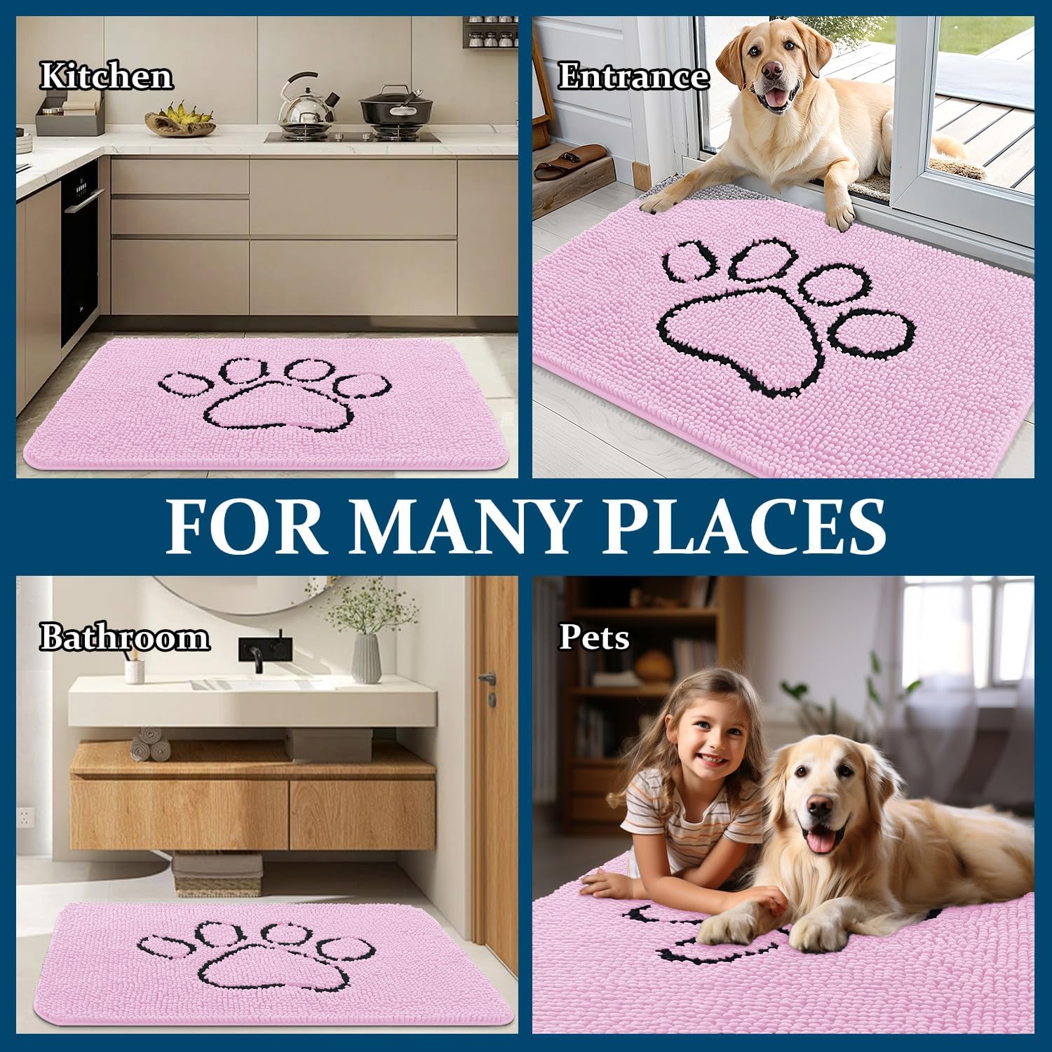OLANLY Dog Door Mat - Absorbent Non-Slip Muddy Paws Design | 36x24 Pink Chenille Doormat
