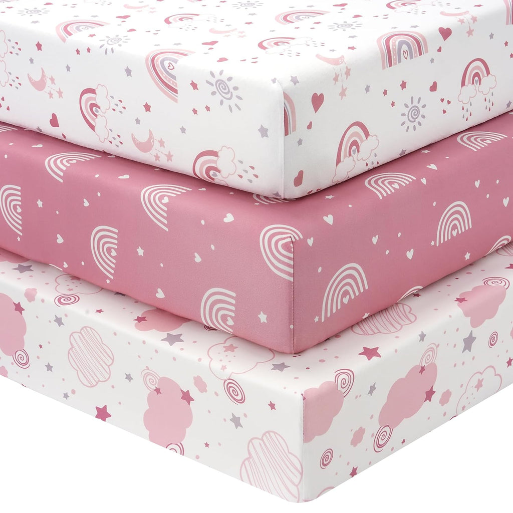 Skiennix Baby Crib Sheets - Super Soft Microfiber Fitted Toddler Bed Sheets | 3 Pack, Pink Rainbow, 52”x28”
