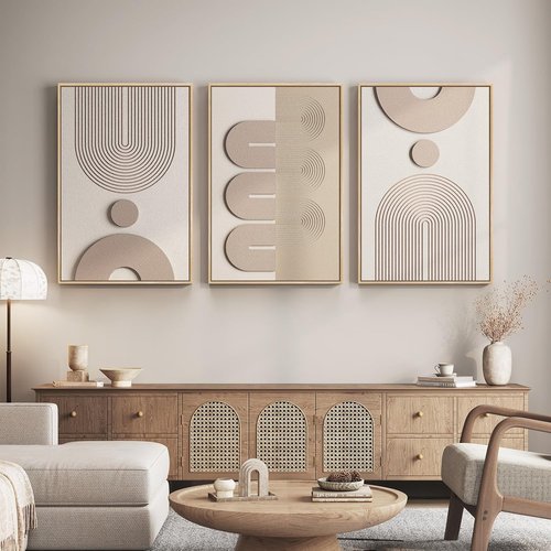 Boho Wall Art by Large 3D - Neutral Abstract Framed Artwork | 3-Piece Modern Geometric Set, 24x36 In